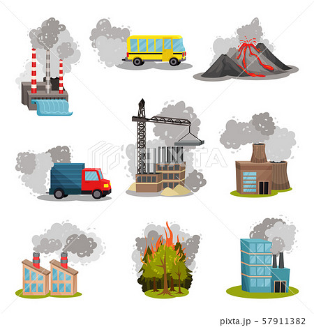 Set of images of air pollution sources. Vector illustration. 57911382
