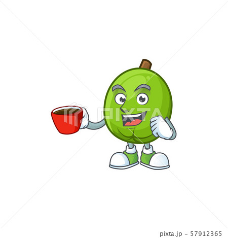 Drinking in cup fresh casimiroa mascot on white background. Drinking in cup fresh casimiroa mascot on white background. 57912365