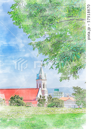 北海道の夏の風景 函館 カトリック元町教会のイラスト素材 [57918670