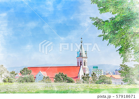 北海道の夏の風景 函館 カトリック元町教会のイラスト素材 [57918671