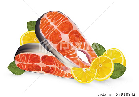 Two fillet salmon with lemon. Fresh steak salmon and lemon on white background. Fillet red fish 57918842