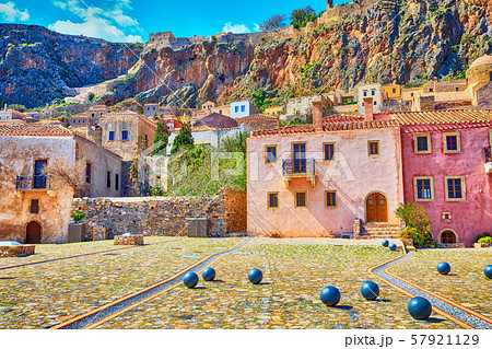 Monemvasia old houses view in Peloponnese, Greece Monemvasia old houses view in Peloponnese, Greece 57921129