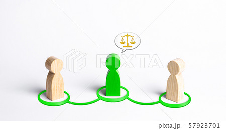 A green man mediates between two people. Judge the two sides and come to a compromise. Negotiations, business deal. Ask for advice from an experienced specialist. Fair resolution of conflict, dispute 57923701
