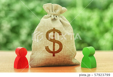 Money bag with money dollar symbol and two people figures. Business Investment and lending, leasing. Business relationship. Dispute and its solution between two businessmen. division of property 57923799
