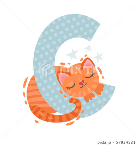 Cartoon Cat Sleeps On The Letter C Vector のイラスト素材