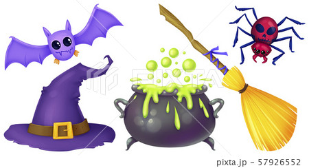 Cauldron, broom, bat, spider, hat. Witch stuff. Cauldron, broom, bat, spider, hat. Witch stuff. 57926552