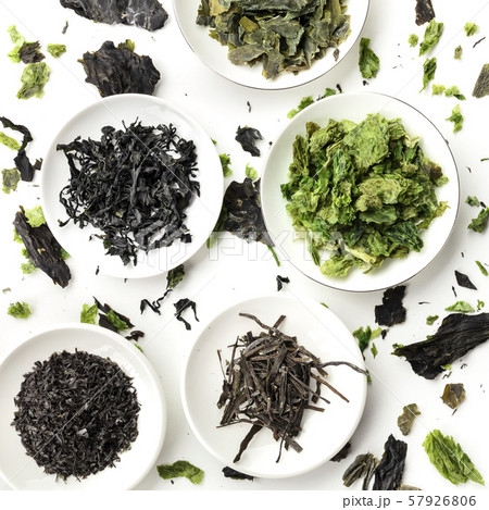 Dry seaweed, sea vegetables, overhead square shot Dry seaweed, sea vegetables, overhead square shot 57926806