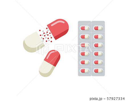 赤いカプセル型飲み薬のシンプルなイラストのイラスト素材