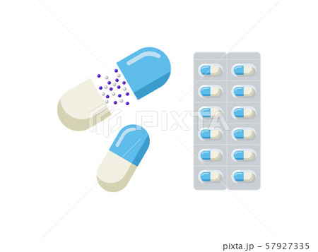 青いカプセル型飲み薬のシンプルなイラストのイラスト素材