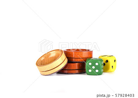 Colorful dice and wooden backgammon checkers 57928403