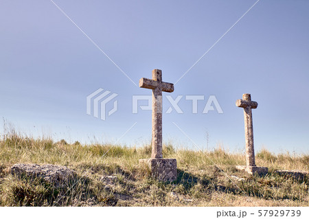 view of two crosses carved in stone 57929739