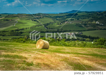 Tuscany landscape with hay bales in the field, Italy 57929951