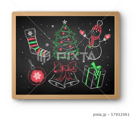 Chalk drawn christmas set on blackboardのイラスト素材 [57932061