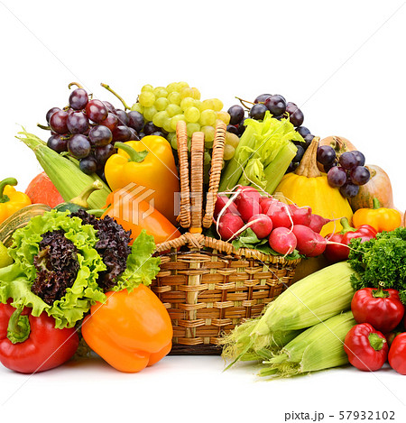 Healthy vegetables and fruits in willow basket 57932102