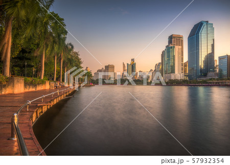 Lake with Wooden Walk Way in City Park Lake with Wooden Walk Way in City Park 57932354