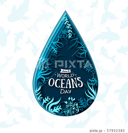 World Oceans Day. Paper art of sea waves, plants 57932383