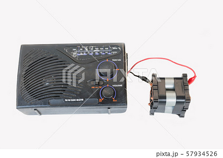 old transistor radio, backup battery, Lithium phosphate battery power bank,DIY by yourself on the white background. 57934526