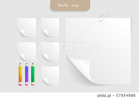 Set of note papers, pushpin, paper clip and elements. Creative office note paper Design in EPS10 vector illustration. 57934986