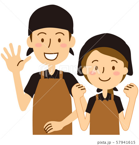 エプロン三角巾ポロシャツの男女ベージュ色黒色 エプロン三角巾ポロシャツの男女ベージュ色黒色 57941615