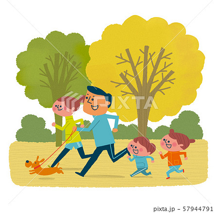 秋の公園をジョギングするファミリー 57944791