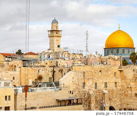 A view of the Temple Mount in Jerusalem, including the Western Wall and the golden Dome of the Rock. 57946708