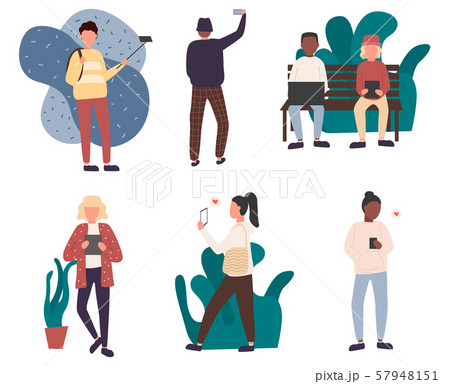 Men and women holding smartphones. 57948151