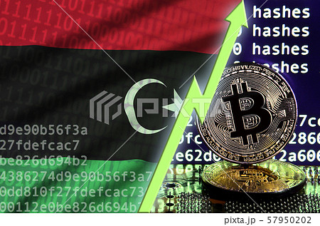 Libya flag and rising green arrow on bitcoin 57950202