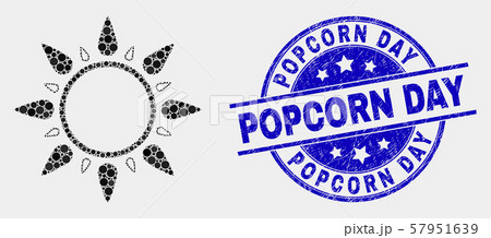 Vector Pixelated Sun Icon and Scratched Popcorn Day Stamp 57951639