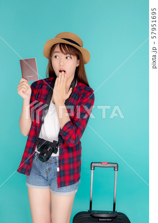 Beautiful young asian woman gesture surprise and travel summer trip with luggage Beautiful young asian woman gesture surprise and travel summer trip with luggage 57951695