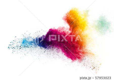Colorful powder explosion on white background.Pastel color dust particle splashing. Colorful powder explosion on white background.Pastel color dust particle splashing. 57953023