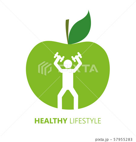 healthy lifestyle person with dumbbell and green apple 57955283