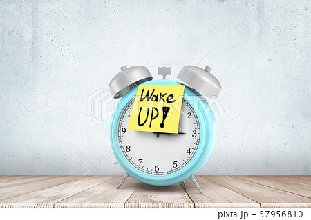 3d rendering of blue alarm clock with yellow 'Wake up' sign on white wooden floor and white wall 3d rendering of blue alarm clock with yellow 'Wake up' sign on white wooden floor and white wall 57956810
