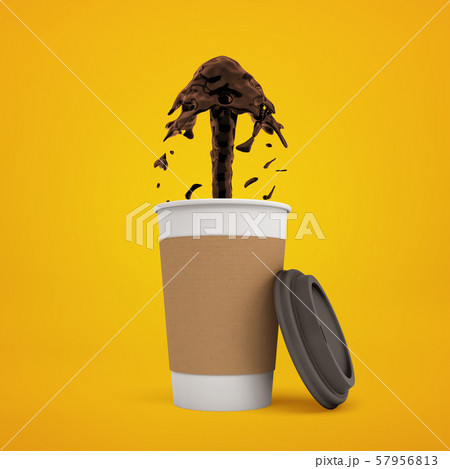 3d rendering of paper coffee cup with coffee gushing out on yellow background 57956813