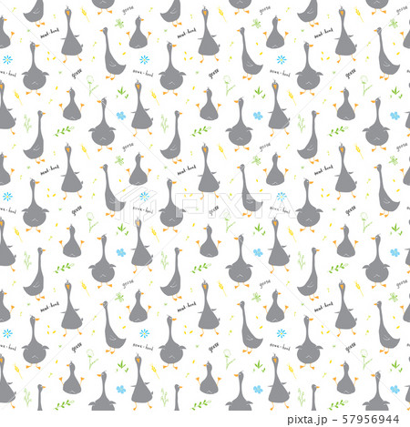 Cute Goose Seamless Pattern, Cartoon Hand Drawn Goose Doodles Vector Background Illustration . 57956944