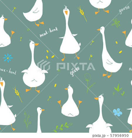 Cute Goose Seamless Pattern, Cartoon Hand Drawn Goose Doodles Vector Background Illustration . 57956950