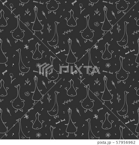 Cute Goose Seamless Pattern, Cartoon Hand Drawn Goose Doodles Vector Background Illustration . 57956962