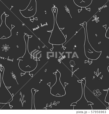 Cute Goose Seamless Pattern, Cartoon Hand Drawn Goose Doodles Vector Background Illustration . 57956963