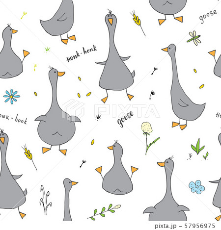 Cute Goose Seamless Pattern, Cartoon Hand Drawn Goose Doodles Vector Background Illustration . 57956975