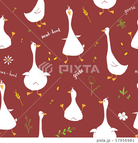 Cute Goose Seamless Pattern, Cartoon Hand Drawn Goose Doodles Vector Background Illustration . 57956981
