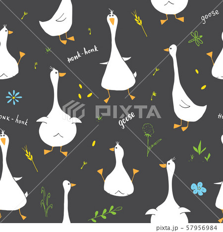 Cute Goose Seamless Pattern, Cartoon Hand Drawn Goose Doodles Vector Background Illustration . 57956984