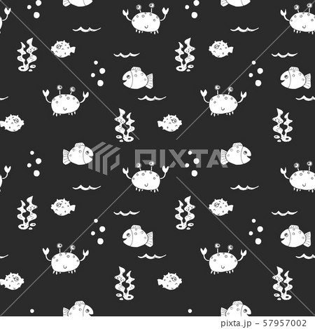 Cute Crab and fishes Seamless Pattern, Cartoon Hand Drawn Animal Doodles Vector Illustration Background. 57957002