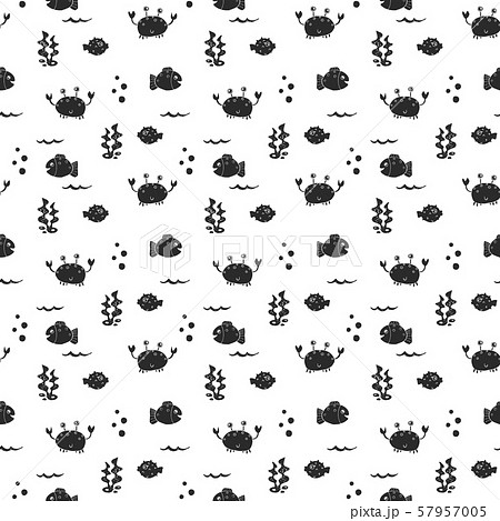 Cute Crab and fishes Seamless Pattern, Cartoon Hand Drawn Animal Doodles Vector Illustration Background. 57957005