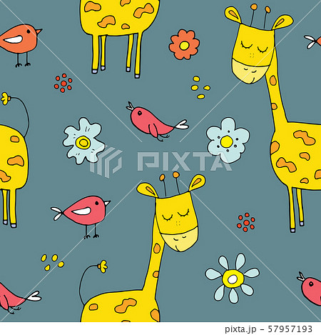 Cute Giraffe Seamless Pattern, Cartoon Hand Drawn Animal Doodles Vector Illustration . 57957193