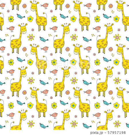 Cute Giraffe Seamless Pattern, Cartoon Hand Drawn Animal Doodles Vector Illustration . 57957198