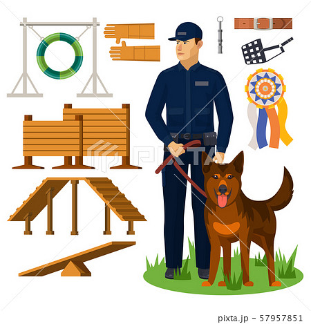 Dog trainer and agility obstacles. Policeman 57957851