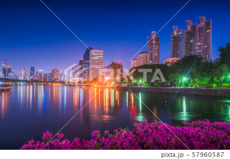 City Park with Lake and Skyscrapers at Night 57960587