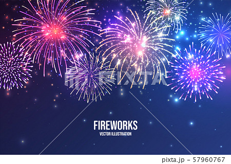 Festive fireworks. Realistic colorful firework on blue abstract background. Multicolored explosion 57960767