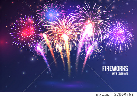 Festive fireworks. Realistic colorful firework on blue abstract background. Multicolored explosion Festive fireworks. Realistic colorful firework on blue abstract background. Multicolored explosion 57960768