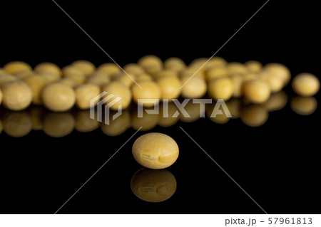 Raw yellow soya bean isolated on black glass Raw yellow soya bean isolated on black glass 57961813