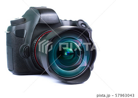 Black DSLR Camera isolated on white background. Black DSLR Camera isolated on white background. 57963043